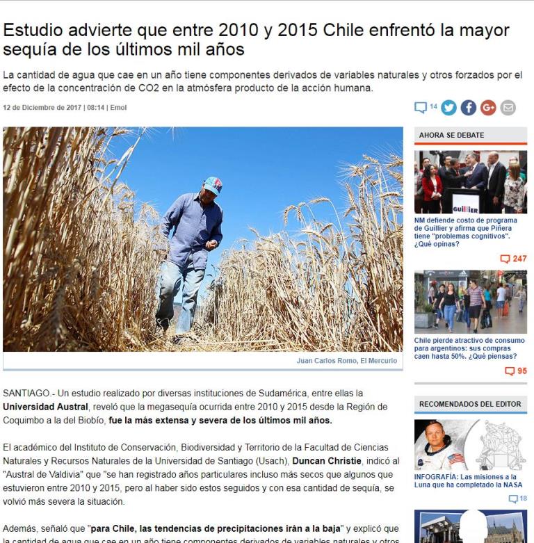 Estudio advierte que entre 2010 y 2015 Chile enfrentó la mayor sequía de los últimos mil años