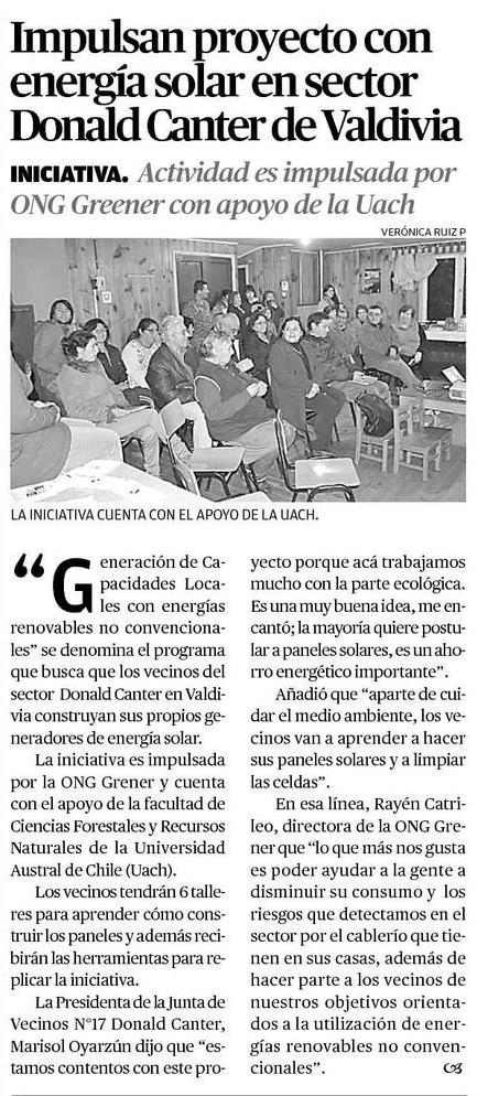Impulsan proyecto con energía solar en sector Donald Canter de Valdivia