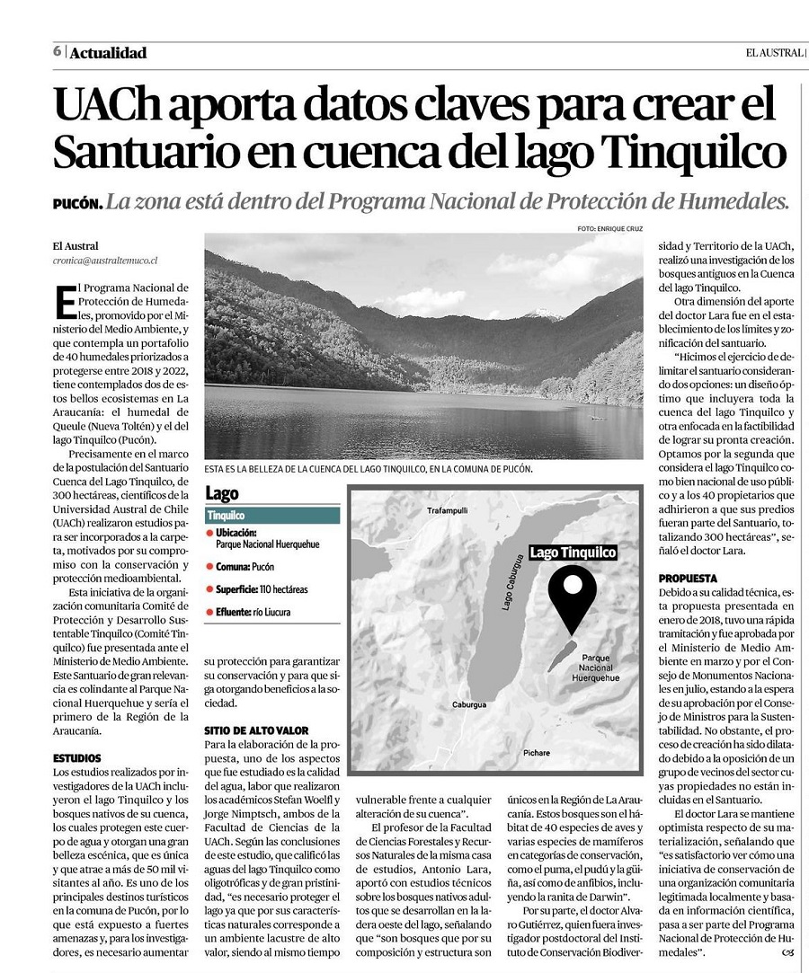 UACh aporta datos claves para crear el Santuario en cuenca del Lago Tinquilco