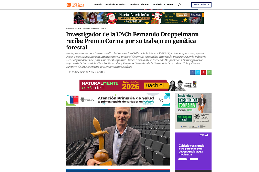 Investigador de la UACh Fernando Droppelmann recibe premio Corma por su trabajo en genética forestal