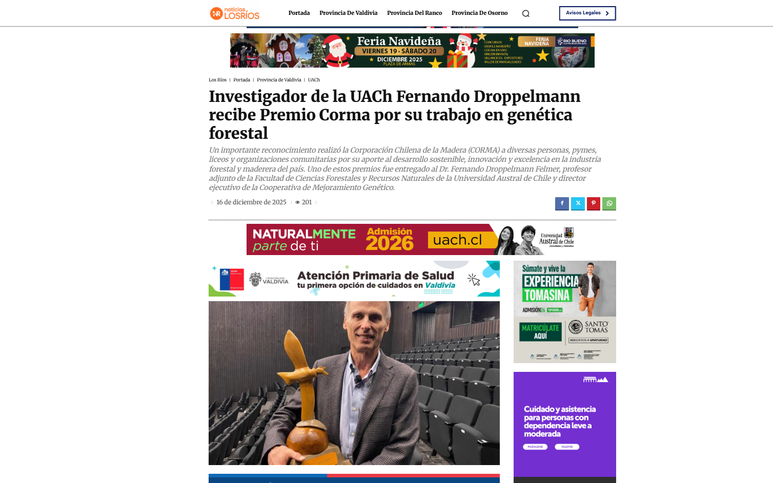 Investigador de la UACh Fernando Droppelmann recibe premio Corma por su trabajo en genética forestal