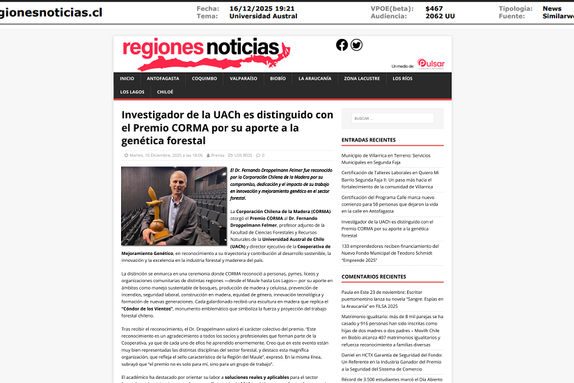 Investigador Fernando Droppelmann recibe premio Croma por su trabajo en genética forestal