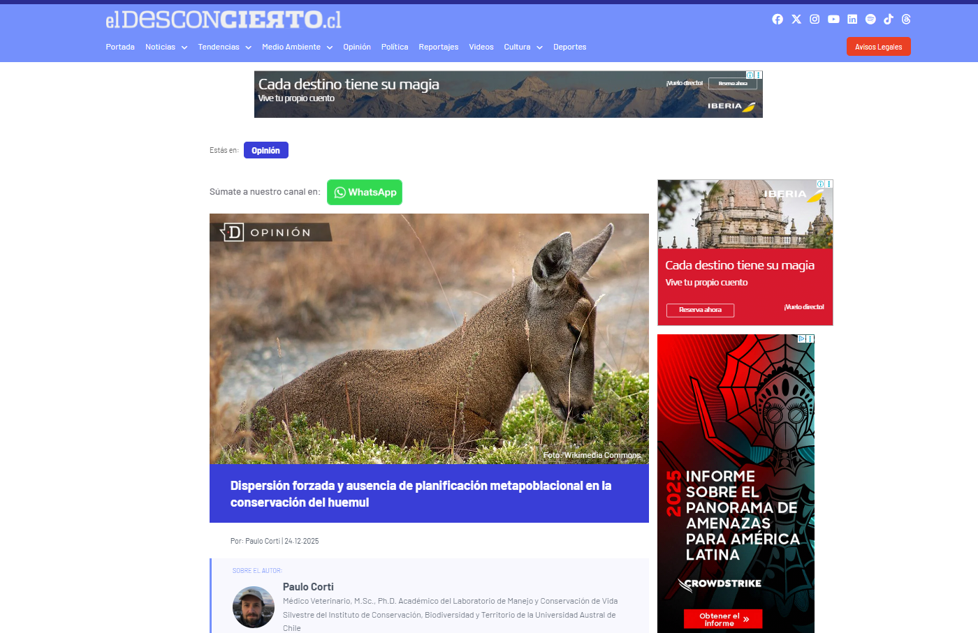 Columna: Dispersión forzada y ausencia de planificación metapoblacional en la conservación del huemul