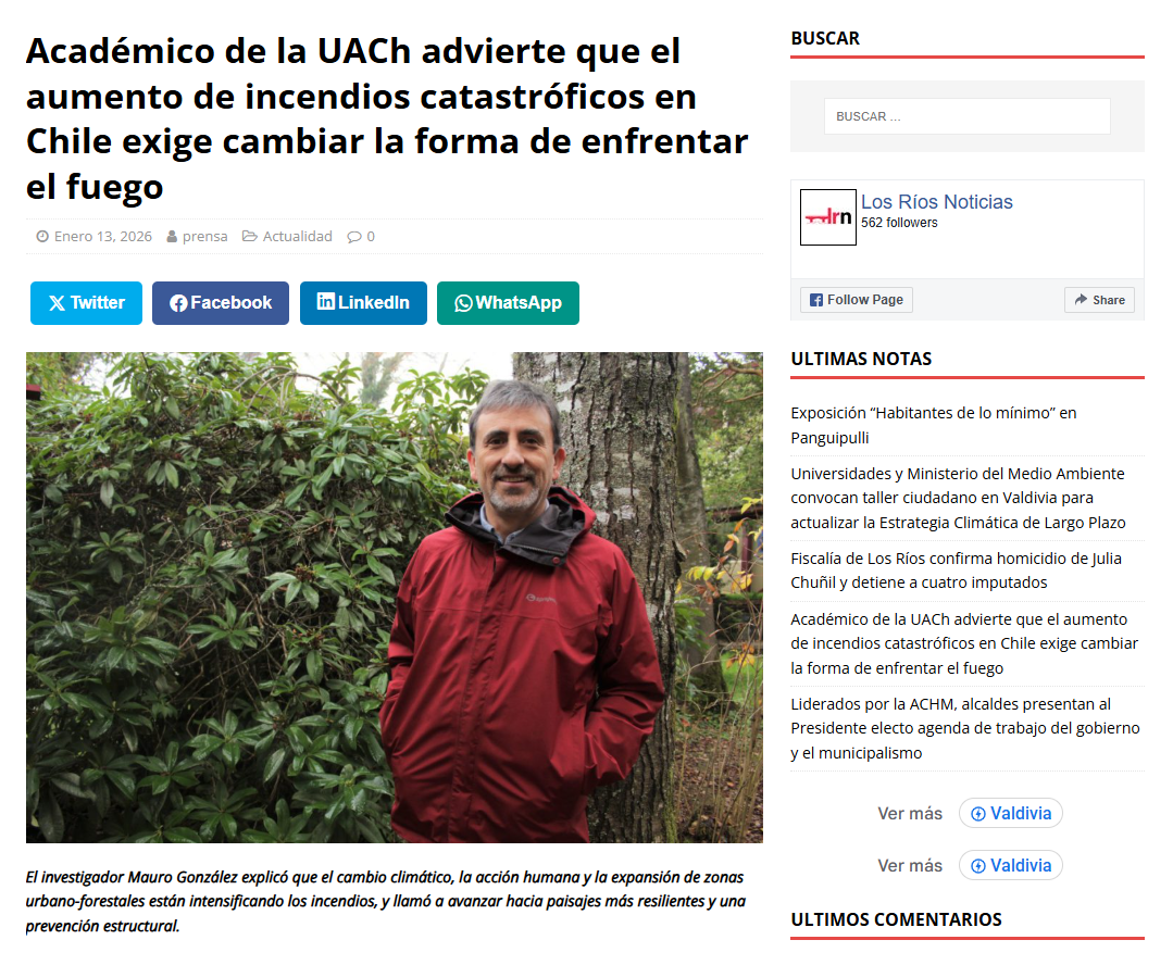 Académico de la UACh advierte que el aumento de incendios catastróficos en Chile exige cambiar la forma de enfrentar el fuego