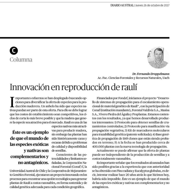 Innovación en reproducción de raulí
