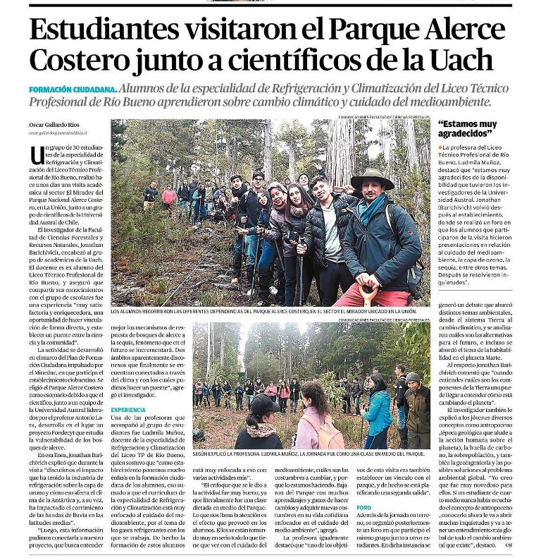 Estudiantes visitaron el Parque Alerce Costero junto a científicos de la UACh