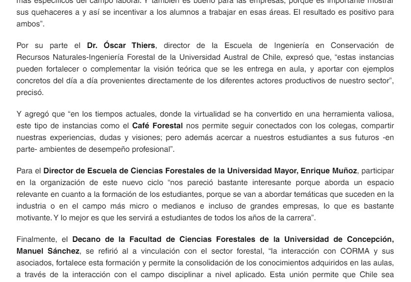 Estudiantes de la Facultad de Ciencias Forestales UdeC participarán de programa junto a Corma