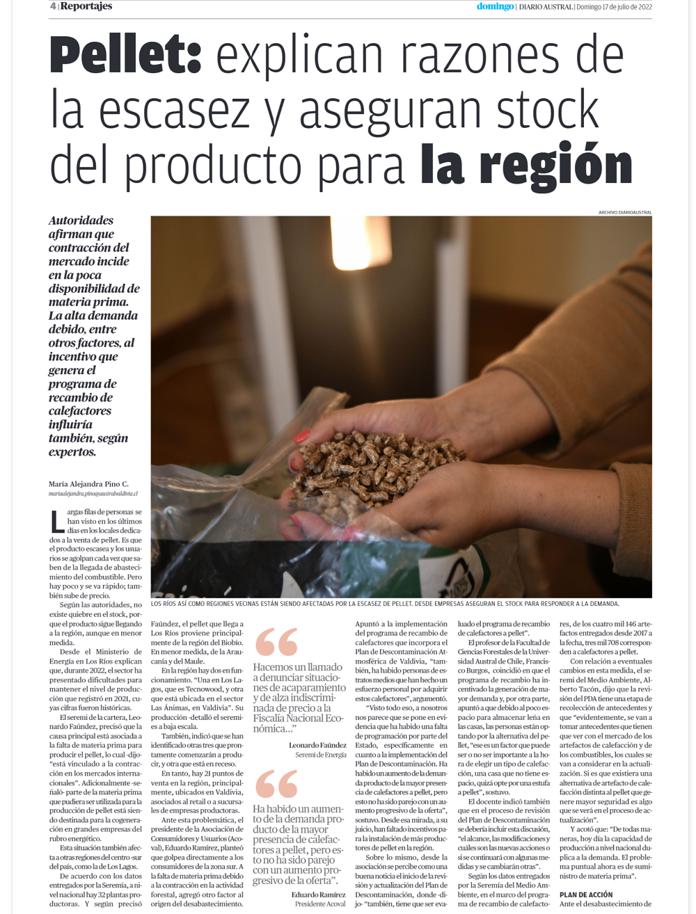 Pellet: explican razones de la escasez y aseguran stock del producto en la región